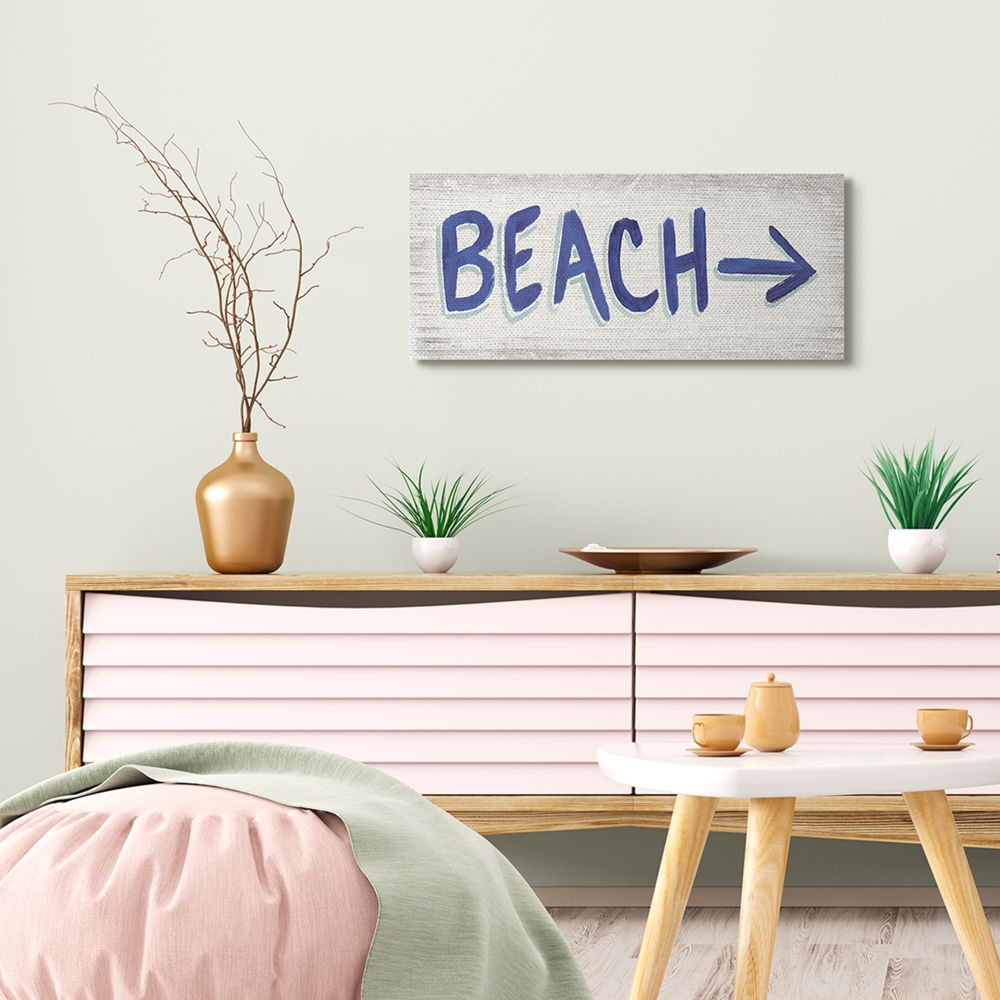 Stupell Industries Beach This Way Arrow Sign Blue White Word Design Canvas Wall Art Design by James Wiens, 13" x 30"