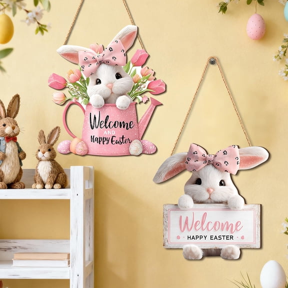 FEOLGEHLY Spring Summer Welcome Easter Door Sign Wooden Bunny Hanging Sign Truck Door Hanger with Rope Colorful Easter Themed Hanging Decoration for Front Porch Home Wall Decor, White