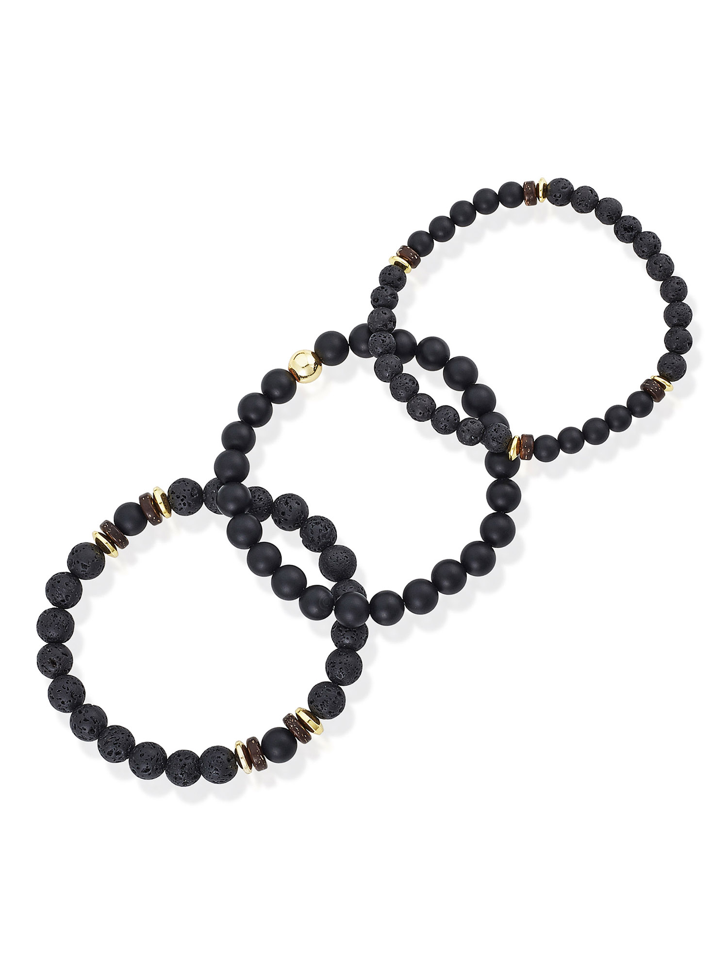 Coastal Jewelry Men's Matte Agate Stone with Gold Plated Hematite, Lava and Wood Beaded Stretch Bracelet Set of 3