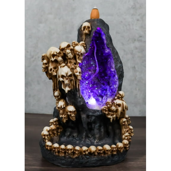 Gothic Melting Skulls Faux Geode Crystals LED Light Cave Backflow Incense Burner
