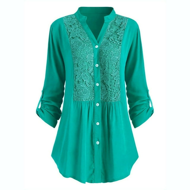 Womens Plus Size Clearance Women Ladies Large Size Button Lace V Neck Long Sleeve Shirt Blous