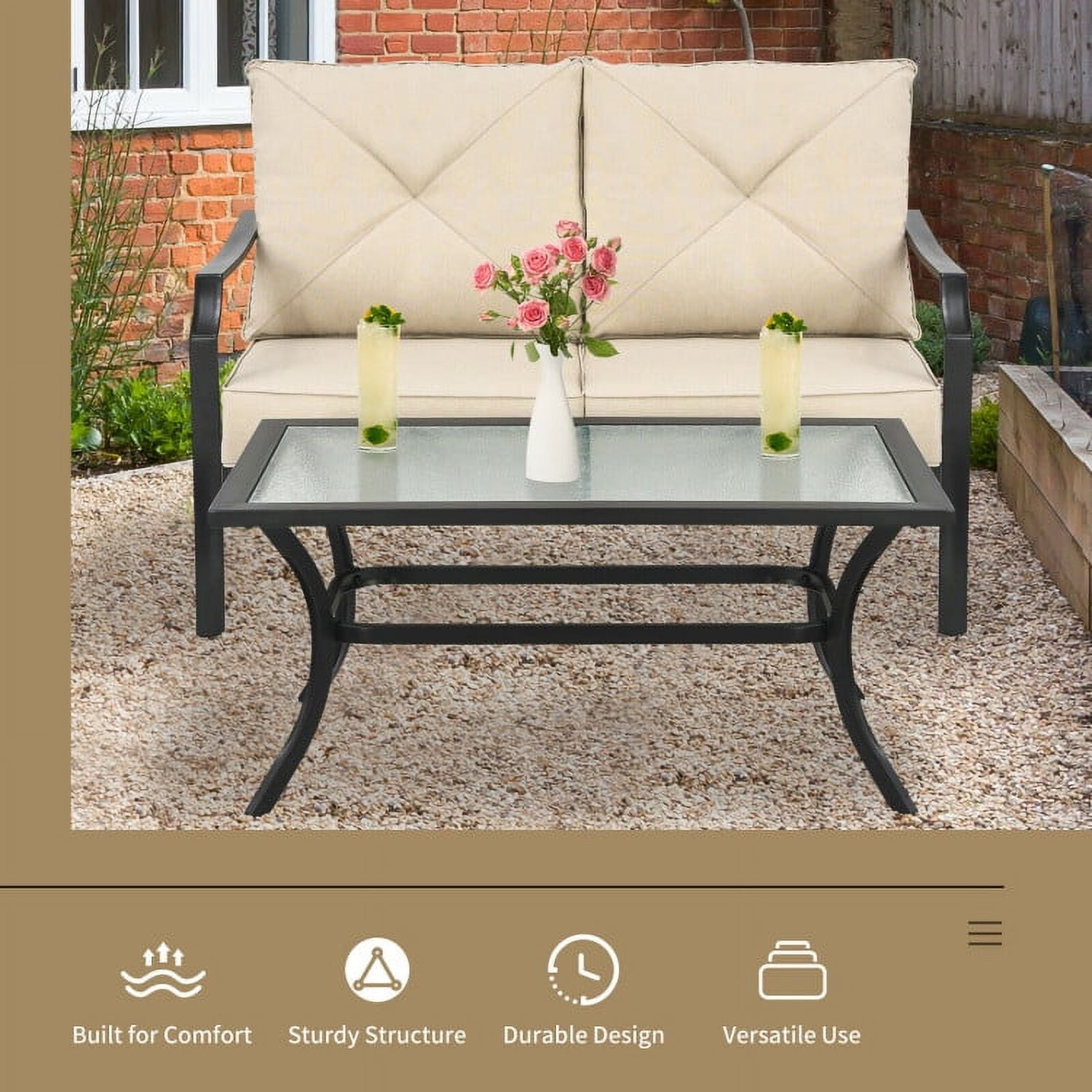 Aimee Lii 2 Pieces Patio Outdoor Cushioned Sofa Bench with Coffee Table, Outdoor Patio Furniture Sets, Beige Aimee Lii 2 Pieces Patio Outdoor Cushioned Sofa Bench with Coffee Table, Outdoor Patio Furniture Sets, Beige