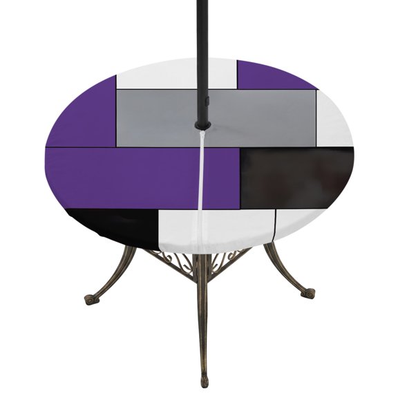 Purple Grey Geometric Round Outdoor Tablecloth with Umbrella Hole Zipper, Modern Black White Abstract Art Elastic Fitted Table Cover, Waterproof Table Cloth for Patio Picnic Party Fits 54"-60"