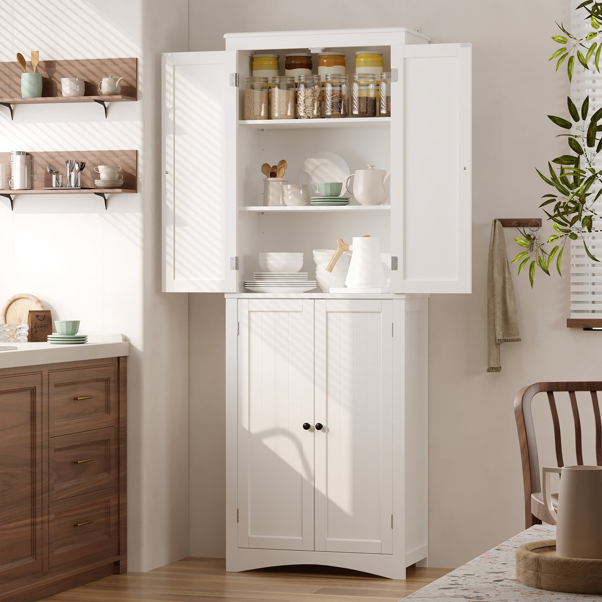 Aiho 66.9" Bathroom Storage Cabinet, Freestanding Wooden Linen Cabinet with 4 Doors & Adjustable Shelves for Bathroom, Kitchen, White