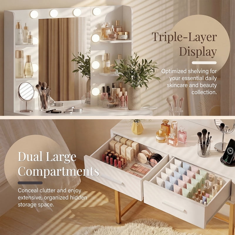 Treevan White & Gold Makeup Vanity Desk with Hollywood LED Mirror, Charging Station, 3 Color Dimmable Lights for Bedroom