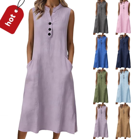 Taqqpue Women Summer Sleeveless Dresses Casual Solid Color V-Neck Button Sundresses Loose Plus Size Tank Dress Flowy Swing Vacation Beach T Shirt Dresses for Women