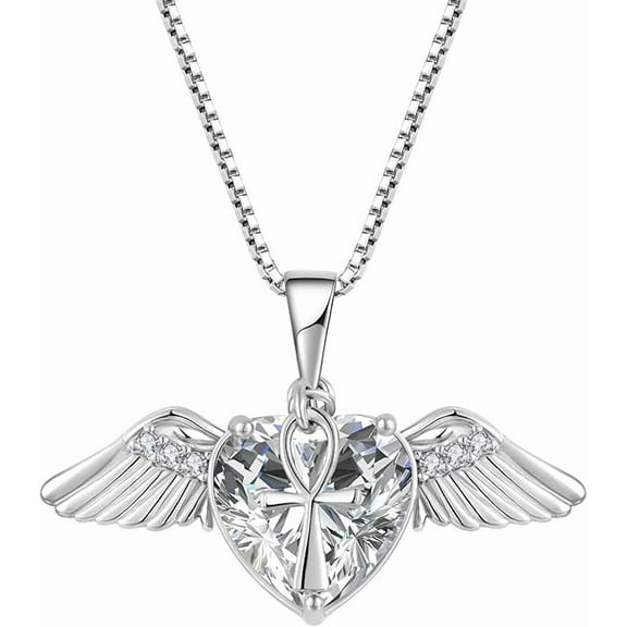 Angel Wings Necklace for Women, 925 Sterling Silver Angel Wings Pendant Necklace Love Heart Crystal Birthstone Necklace, Angel Jewelry Birthday Christmas Gifts for Women Wife Mom Girlfriend