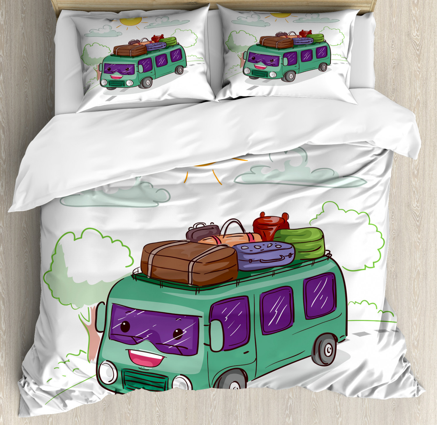 Camper King Size Duvet Cover Set, Bus Loaded with Luggage Cruising in