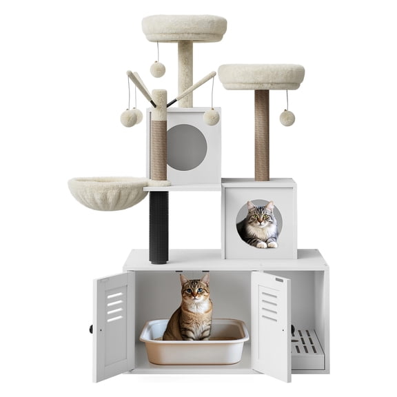 Multi-Level Cat Tree Tower with Scratching Posts & Litter Box Enclosure, Cat Condo with Cat Houses, Perches & Hanging Toys, Cat Furniture for Indoor Cats, Easy to Assemble