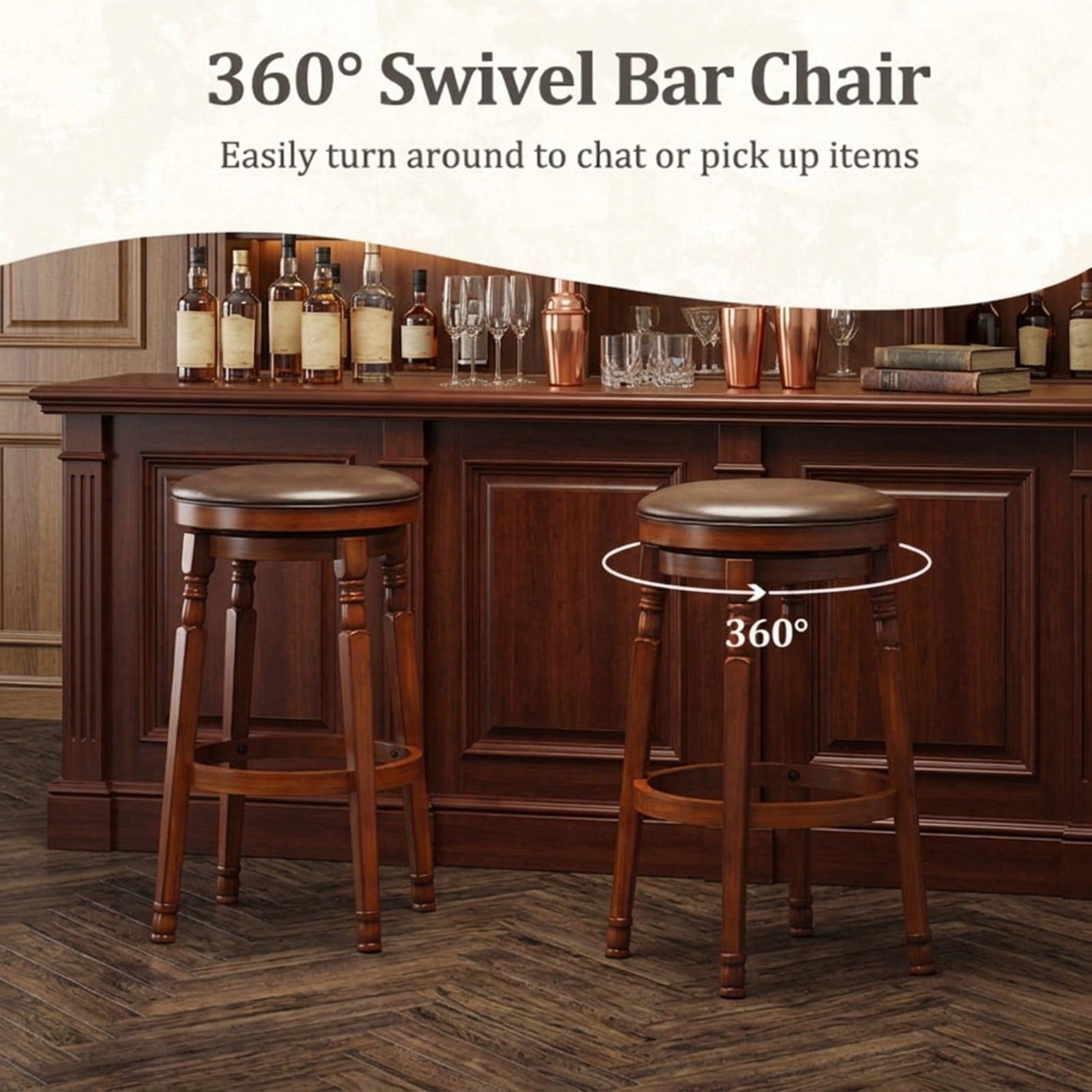 Furnibear Set of 2 29-Inch Swivel Leather Padded Dining Bar Stools for Kitchen Island Counter Bar Pub Dining Home, Walnut
