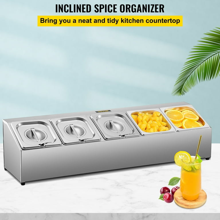 VEVOR Spice Rack Shelf One Row Stainless Steel Organizer Stand with Five 1 6 Pans and Five Ladles Countertop Inclined Holder for Seasoning Sauce Jam Fruits Ingredients for Kitchen Pantry Use Walmart.c...