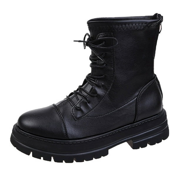 NECHOLOGY Botas Mujer Zapatos Botines mujer Moda mujer cuero artificial Color sólido otoño suela gruesa tacones cuadrados con cordones botines cortos zapatos de punta redonda (Black, 7.5)