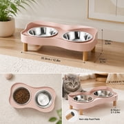 Stainless Steel Double Pet Bowl with Raised Wood Stand, Elevated Dog and Cat Feeder for Neck Protection, Spill-Proof Tray and Non-Slip Base, Rust-Resistant Food and Water Bowls, 1PC