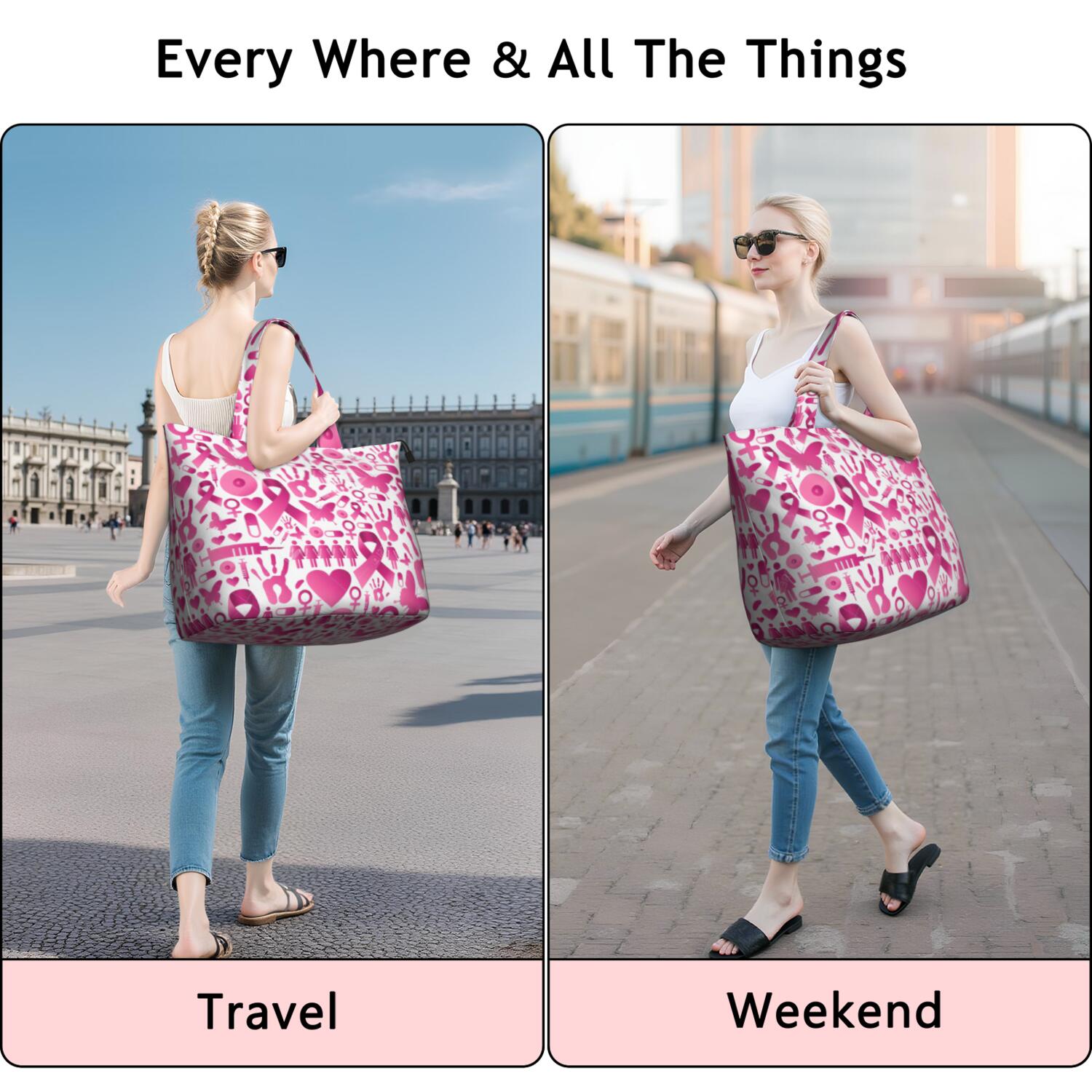 Pink Breast Cancer Travel Tote Bags for Women Carry On,Large Weekender Bags for Women Travel,Multi Functional Duffle Bag for Work,Shopping,Sports