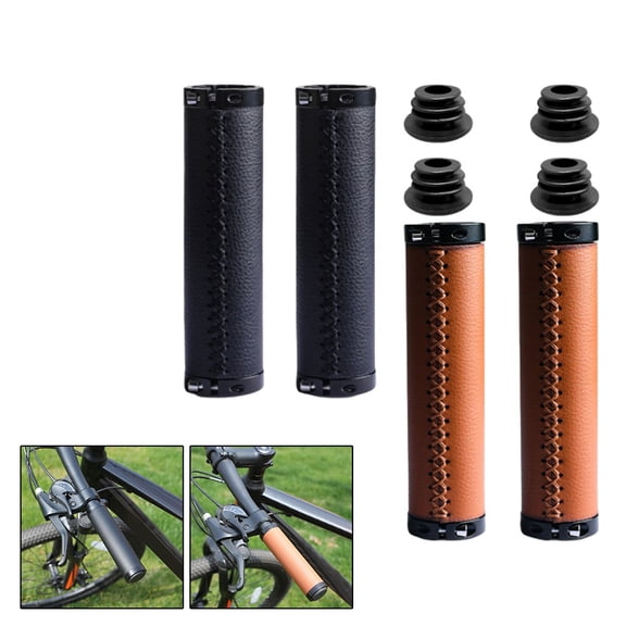 Arkzeo 2Pcs Grip Bike Cowhide Grips Bicycle Handle Leather Grips Vintage Alloy Grip black