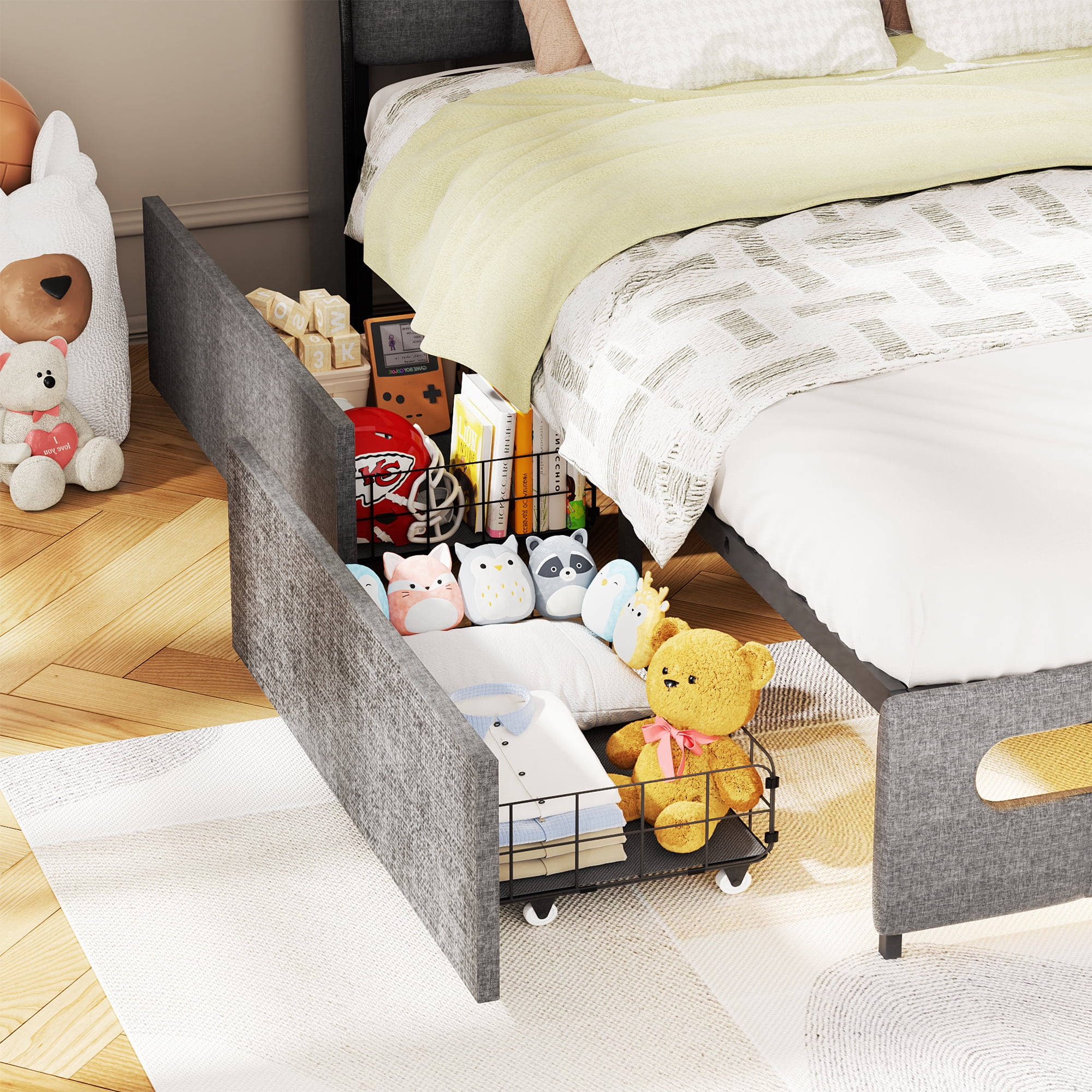 Homieasy Full Size Bed Frame with Drawers Charging Station LED Light, Upholstered Twin Bed Frame with Storage Headboard, Heavy Duty Wood Slats, No Box Spring Needed, Noise Free,Gray