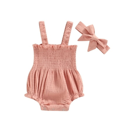 

Calsunbaby Newborn Baby Girls Summer Romper Infant Solid Color Sleeveless Elastic Bust Ruffles Short Jumpsuit+Headband
