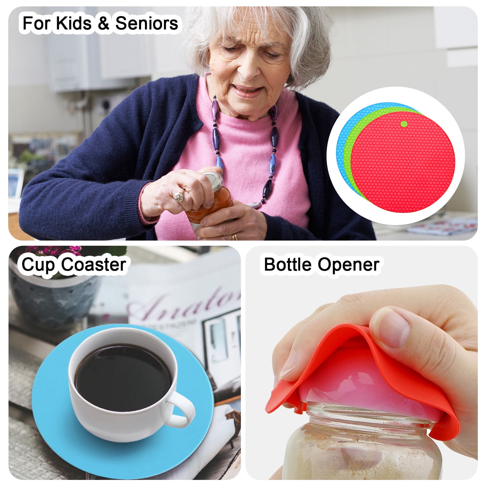 Unique Bargains Non-Slip Silicone Jar Opener Pads Texture Can Opener Blue, Green, Red
