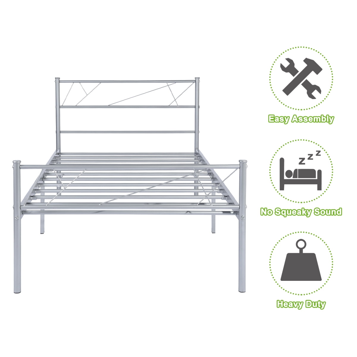 Geniqua Twin Size Bed Frame Steel Silver Foundation Classic Headboard Footboard Foundation Tool Free No Box Spring Needed