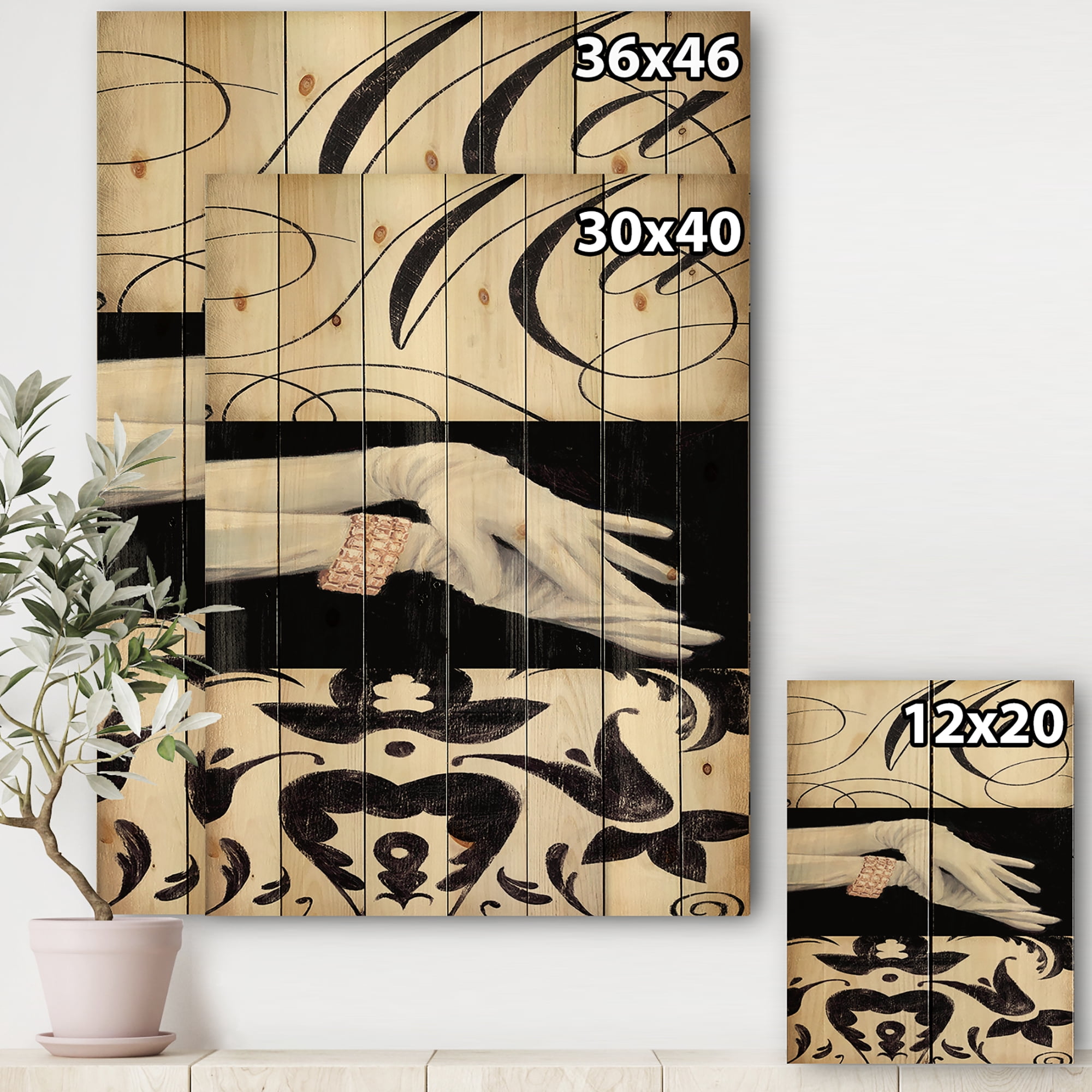 Designart 'Black And White Fancy Glamorous Gloves ' Fashion Print on Natural Pine Wood
