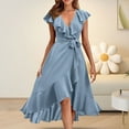 thumbnail image 1 of IDALL Robes d'Été, Robes Petites Femmes Col en V Manches Courtes à Volants Longue Robe Élégante, Robe Ajustée et Évasée, Robes Femmes Bleu 4 Robe L, 1 of 5