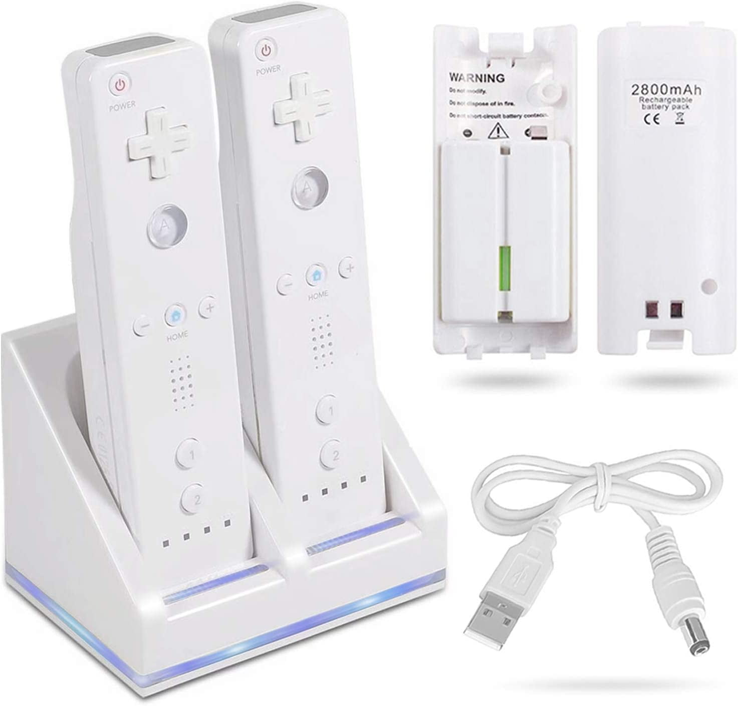 For Wii & Wii U Remote Controller Charger Kit with USB Cable and 2 Pack  Rechargeable Battery Kit 