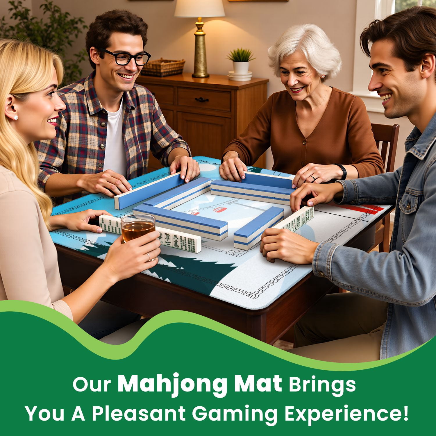 Mahjong Mat 31.5" x 31.5" Winter mountain landscape pair skis snow ski lift Non-Slip Noise Reduction American Mahjong Tiles Table Cover for Dominoes Poker Card Board Games Gift
