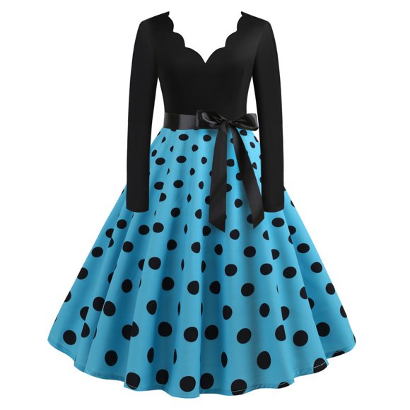 Long Sleeve Dress for Women V Neck Vintage Cocktail Dresses Swing Prom Party Dress Retro Printed Fall A Line Dresses