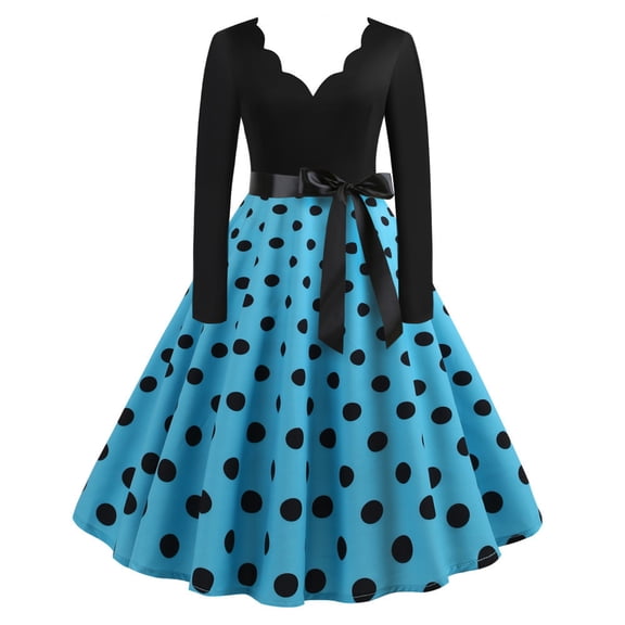 XFLWAM Women's Vintage Audrey Hepburn Dress Polka Dots Long Sleeve Knee-Length Dress Cocktail Party Evening Dress Light Blue XL