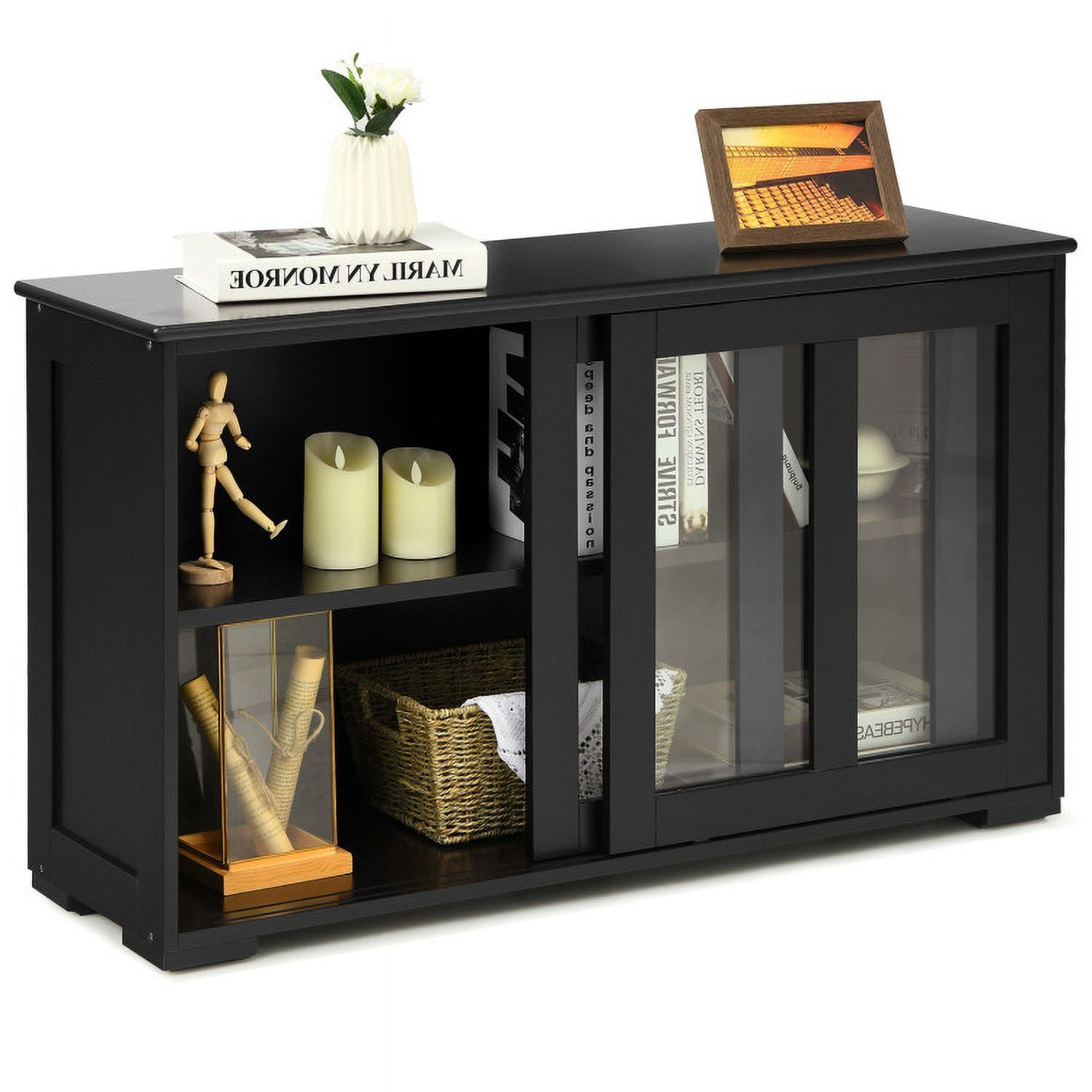 Finihen Kitchen Storage Cabinet, Buffet Sideboard, with Glass Sliding Door, for Dining Room, Kitchen, Living Room, Black Finihen Kitchen Storage Cabinet, Buffet Sideboard, with Glass Sliding Door, for Dining Room, Kitchen, Living Room, Black