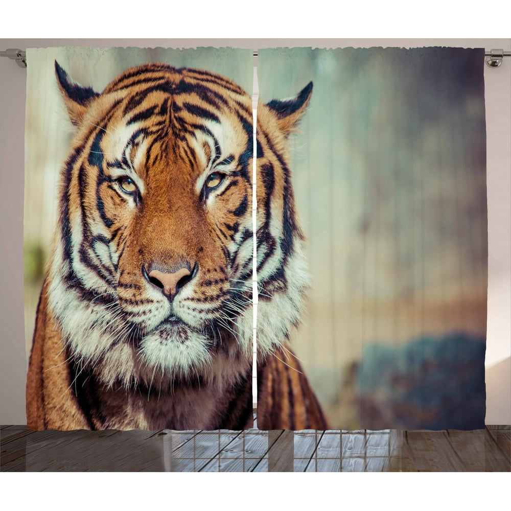 Tiger Curtains 2 Panels Set, Large Feline in a Calm State with Blurred