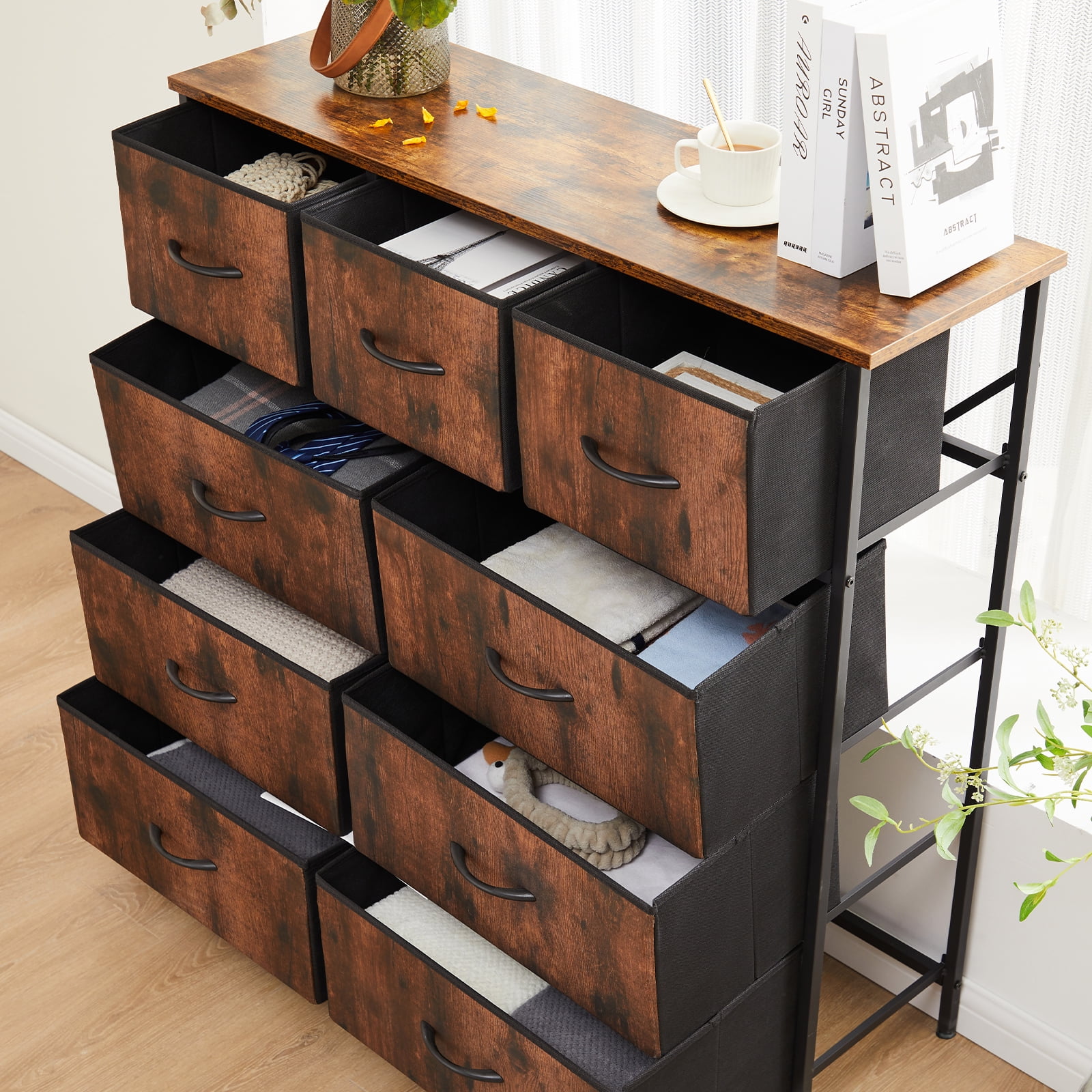 Aidoly 9-Drawer Dresser with Wooden Top, Adjustable Feet, Sturdy Metal Frame Dressers for Bedroom, Living Room, Rust