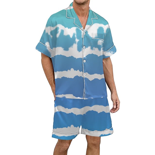 Men's Gradient Printed Satin Short Sleeve Button Up Pajama Loungewear Set for Comfortable Sleep and Relaxation at Home