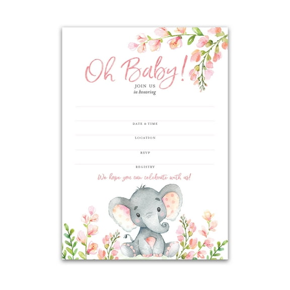 PINK ELEPHANT Baby Shower INVITATIONS  Pack of 25  Floral BABY GIRL Blank Fill-in Baby Shower INVITES, Oh Baby, Its a Girl, BABY ELEPHANT GIRL Baby Shower Invite Little Peanut Invitation I530-INV1