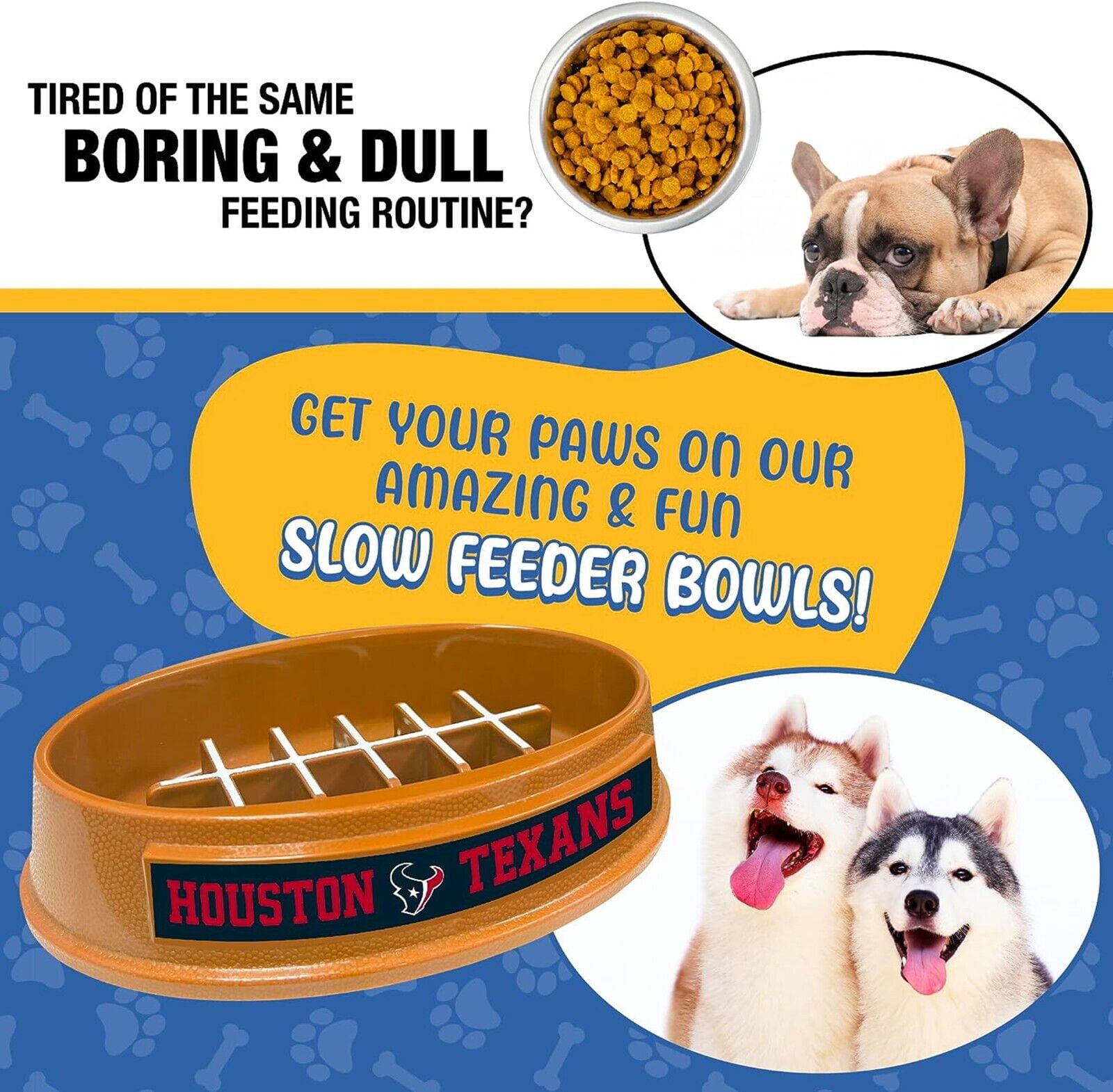 Pets First NFL Houston Texans Super-Bowl Slow Feeder Bowl for Dogs and Cats, Football Design for Healthy Digestion, Non-Slip, for Large & Small Pet