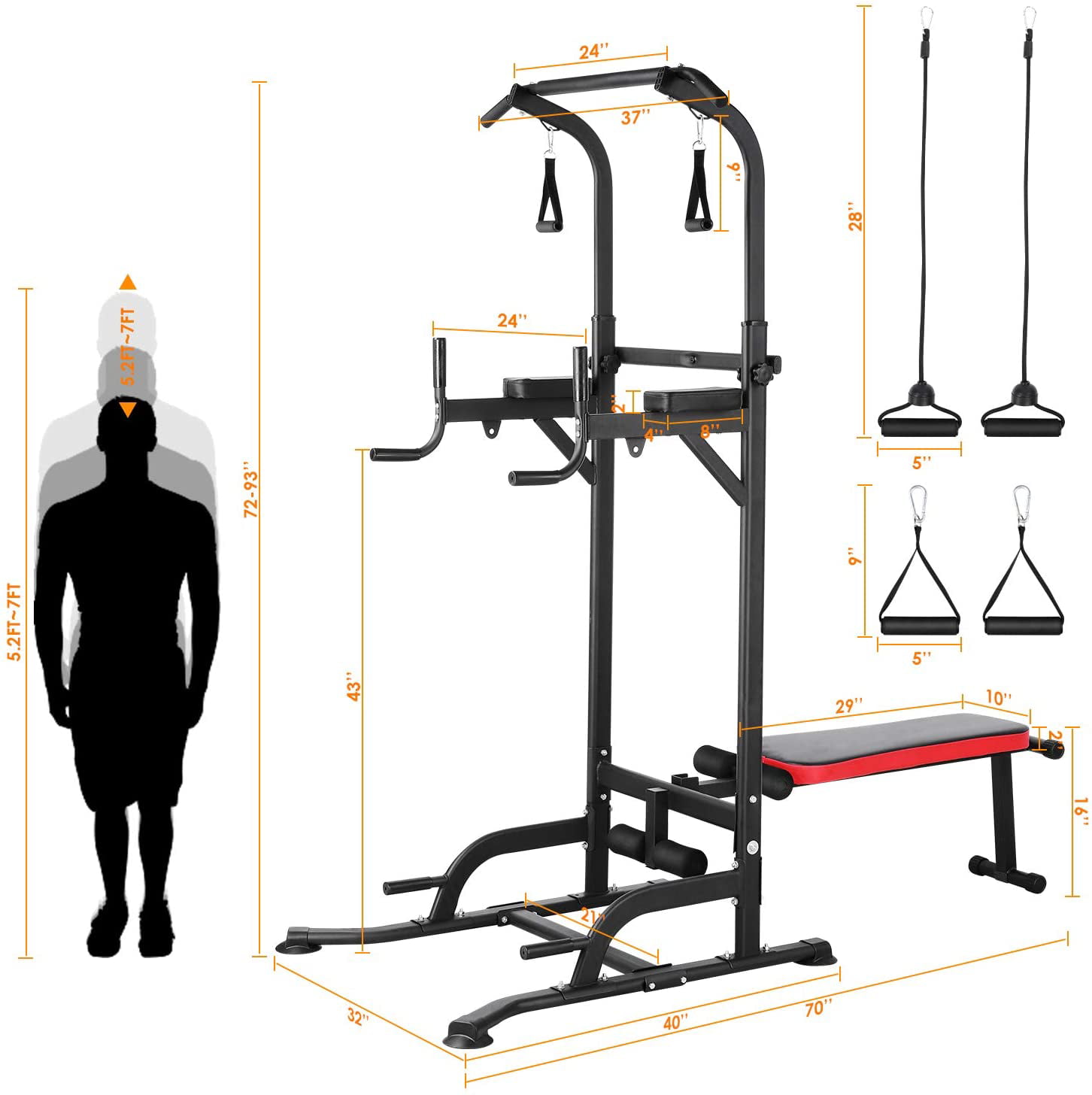Strength Training Power Tower Dip Station Pull Up Bar W/ Dumbbell Bench 