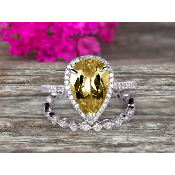 2Pcs Wedding Ring Set 8x5mm Pear Shape 2.25 Carat Champagne Diamond Moissanite Engagement Ring On 10k White gold Halo Design