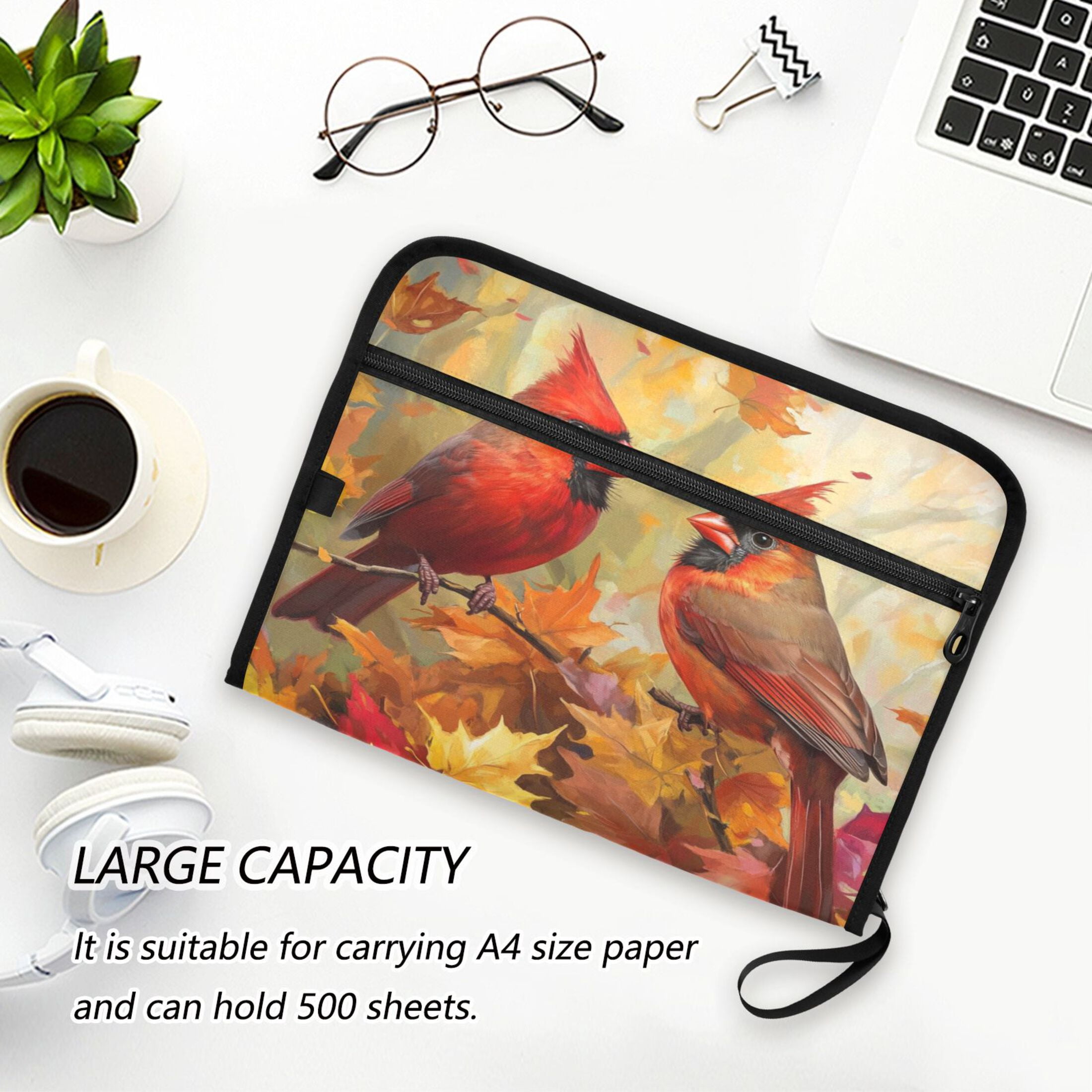 Accordion File Organizer with Zip Closure 13 Pockets Expanding File Folder Letter A4 Paper Document Organizer for Home Office Red Birds