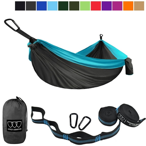 Gold Armour Camping Hammock - Single Parachute Hammock, USA Brand Lightweight Nylon Portable Adult Kids Best Accessories Gear (Gray & Blue)
