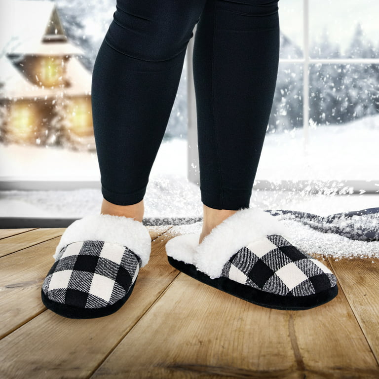 Silver Lilly Sherpa Buffalo Plaid Slippers - Christmas House Shoe Fuzzy Holiday Slippers - White & Black (Medium) - Walmart.com