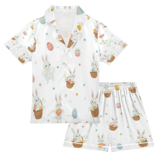 Silky Satin Kids' Pajama Set Breathable & Smooth Unisex Button-Down Pajamas Small Easter Bunnies