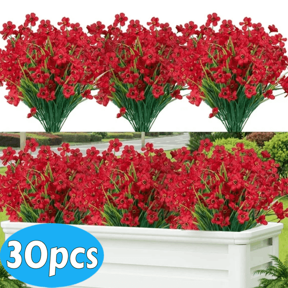 30 Bundles Silk-Feel Artificial Flowers (2 Sets of 15), UV Resistant Faux Blooms for Outdoor/Indoor Decor