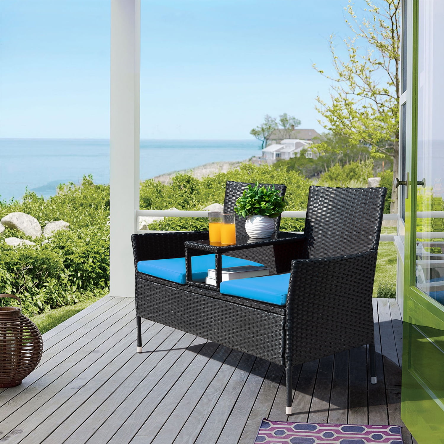 Devoko Outdoor Patio Loveseat Rattan Patio Conversation Furniture Set with Coffee Table, Blue