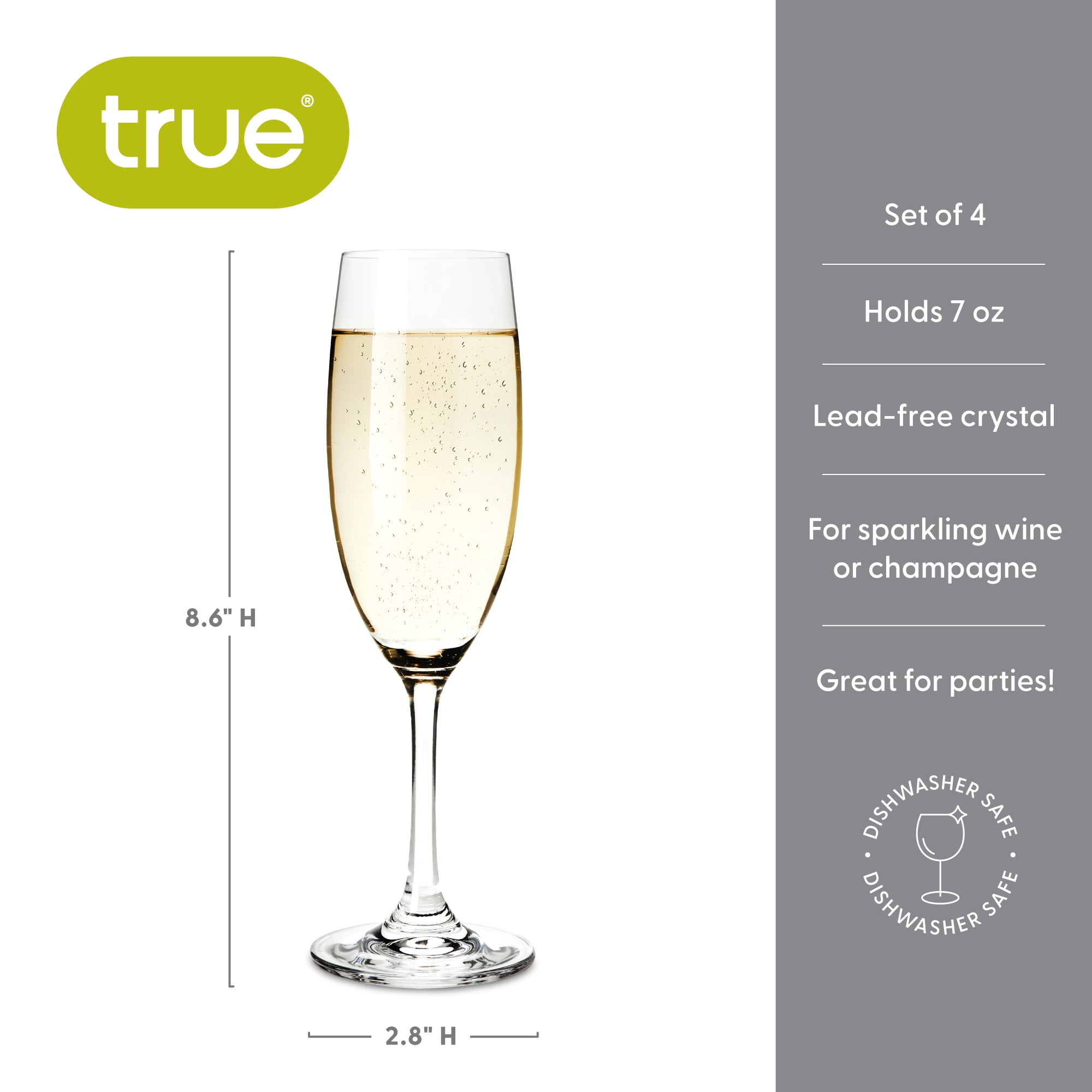 True Cuvee Champagne Flutes, Champagne Glasses for Home Bar, 7 oz, Set of 4