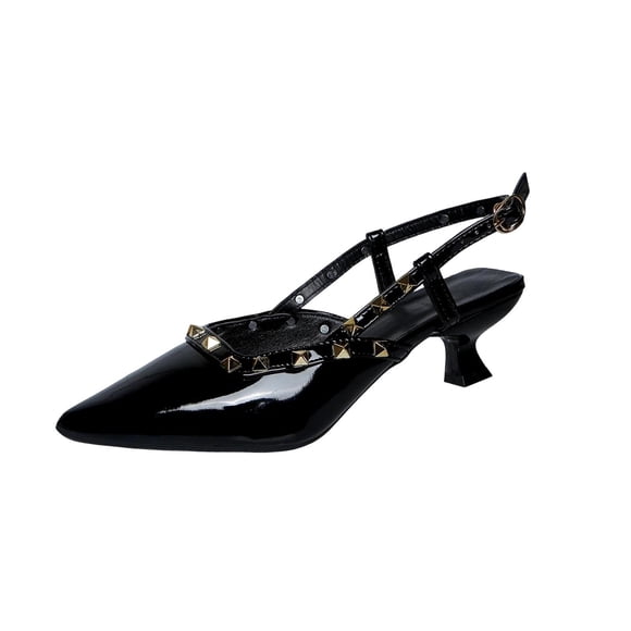 Pointed-Toe High Heels For Women with Ankle Strap and Metal Rivets, Plus Size Spring and Summer Dress Shoes in Black