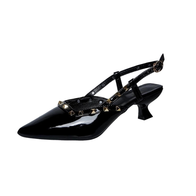 Pointed-Toe High Heels For Women with Ankle Strap and Metal Rivets, Plus Size Spring and Summer Dress Shoes in Black