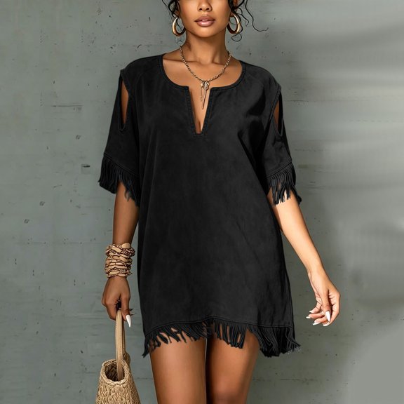 Karymi Spring Dresses Boho Beach Vacation Tassel Mini Dress, Notch V Neck Cold Shoulder Cutout Short Sleeve Loose Shift Cover Up Dress Easter Dress