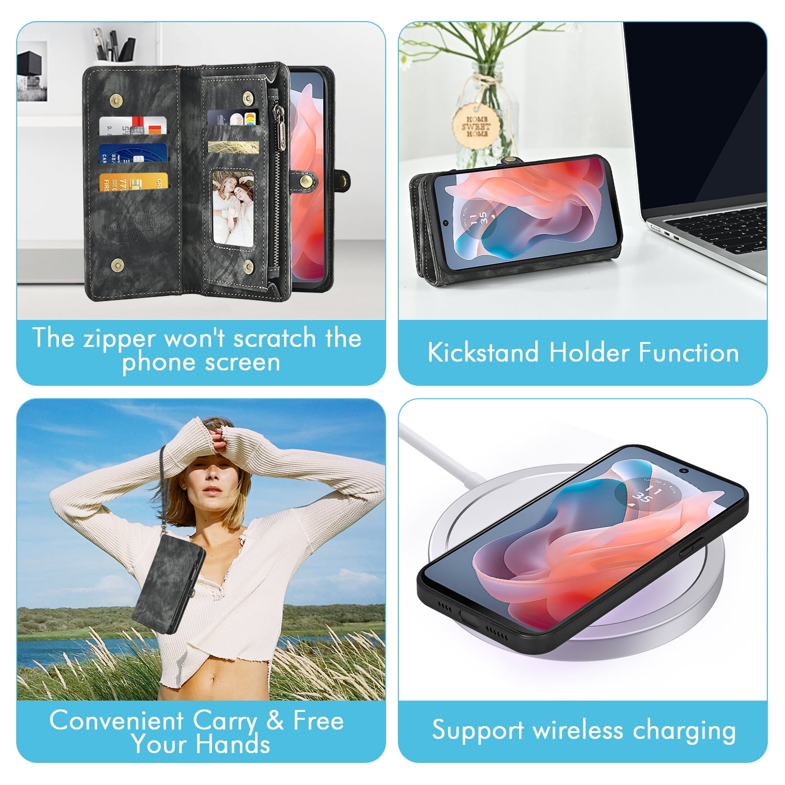 Asuwish Phone Case for Motorola Moto G Play 4G 2024 Zipper Wallet Detachable Cell Cover with Tempered Glass Screen Protector Crossbody Lanyard Strap Flip Card Holder XT2413V XT2413-1 64GB Women Black