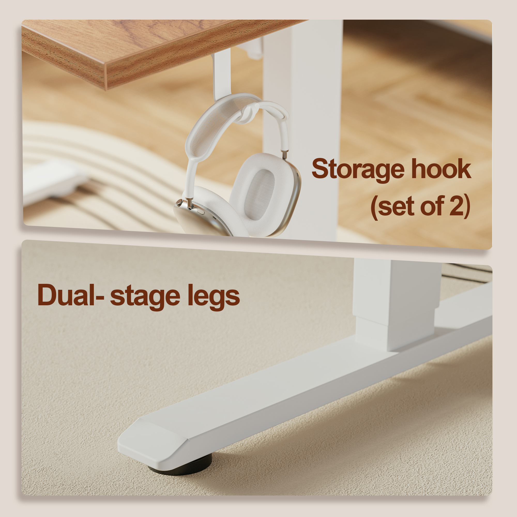 62.9 Inch Electric Height Adjustable Standing Desk, Ergonomic Home Office Desk with Memory Preset, Sit to Stand Computer Desk with Hooks, Light Rustic Brown