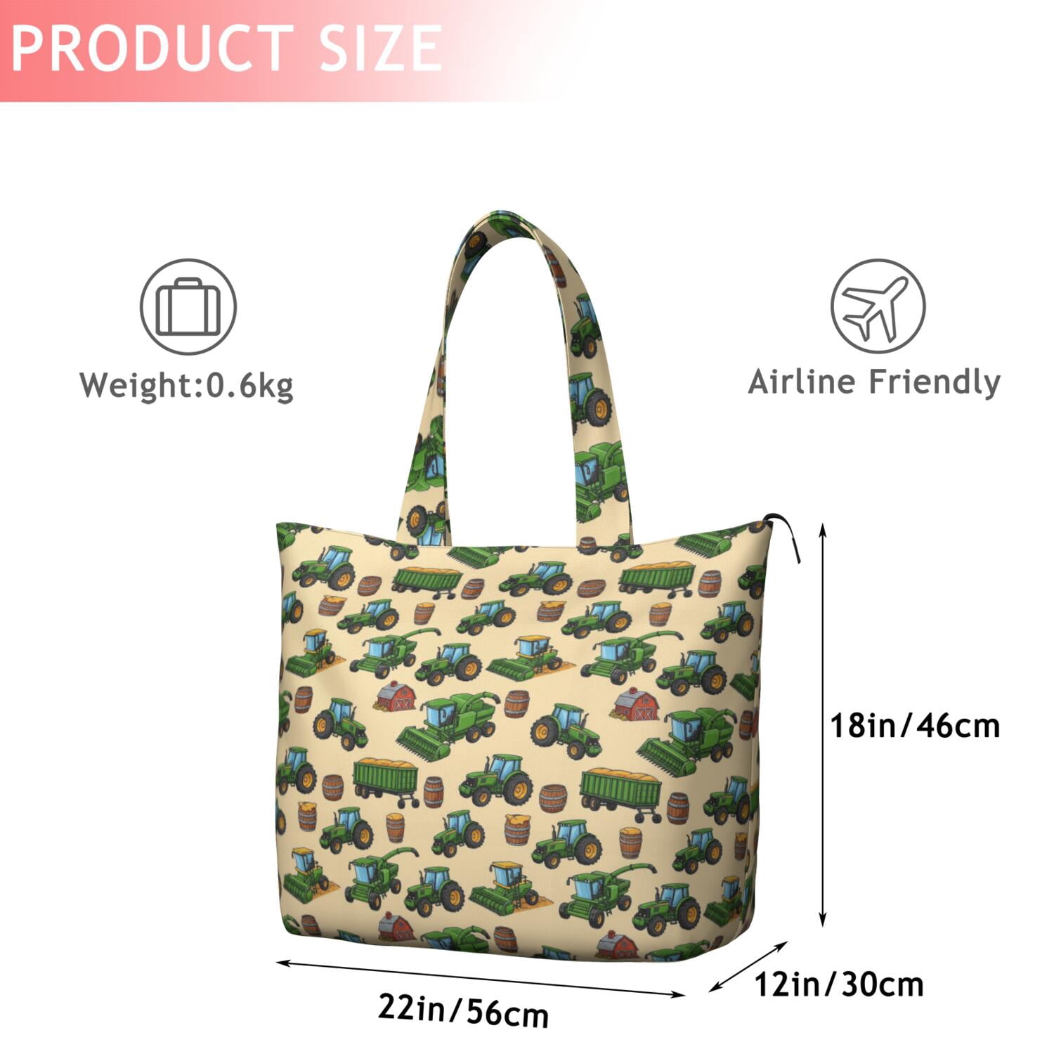 Cartoon Tractors Barns Beige Pattern Travel Tote Bags for Women Carry On,Large Weekender Bags for Women Travel,Multi Functional Duffle Bag for Work,Shopping,Sports